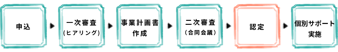 申込 → 一次審査（ヒアリング） → 事業計画書作成 → 二次審査（合同会議） → 設定 → 個別サポート実施